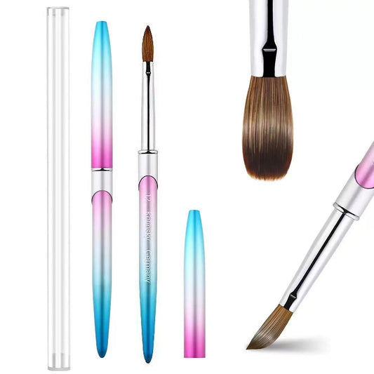 100% Pure Kolinsky Acrylic Nail Brush Size 12, Hair Acrylic Crystal Ombre Silver Blue Pink Handle with Silver Ferrule Round Shaped for Women Girls Manicure Nail Tools Accessories