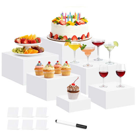 6 Pcs Buffet Risers, Acrylic Food Risers for Buffet Table, 6 Sizes (5x6x6.8x7x7.5x8 Inch) Display Stand Shelf for Party Catering Dessert Collectibles - Stackable Cube Boxes Display with Hollow Bottoms
