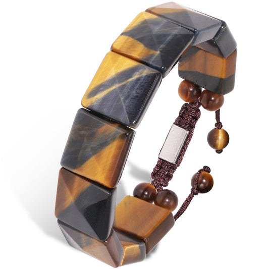 GALKCRST Tiger Eye Beaded Bracelet for Men Yellow and Blue Tiger Eye Bracelet, Natural Ctystal Stone, Faceted Square Flat Beads, Stainless Steel Chain with Adjustable Knot, Gift for Him