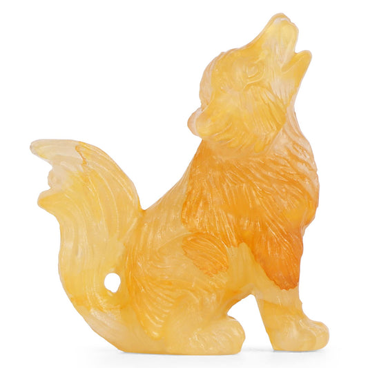 LEADGEM 2.0" Citrine Crystal Big Tail Wolf Decor Figurines Wolve Statue Healing Stones Hand Carved Sculpture Ornaments Top Colletctible