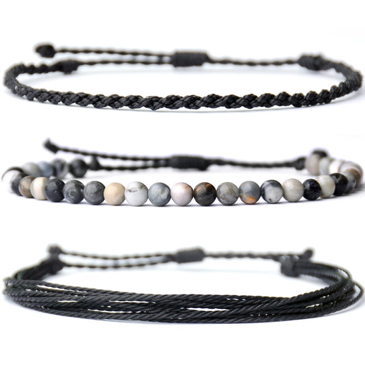 Handmade Natural Stone Beaded Healing Bracelet Gift for Men Adjustable Rope String Bracelet (Black Picasso, Adjustable)
