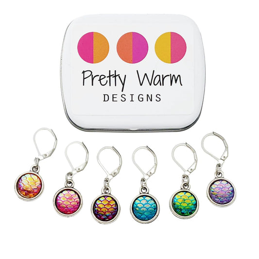 Pretty Warm Designs Dragon and Mermaid Removable Stitch Markers - Fantasy Mythical Ocean Crochet Supplies for Knitters and Yarn Crafters - Set of 6 Handmade Accessories in Hinged Organizer Tin