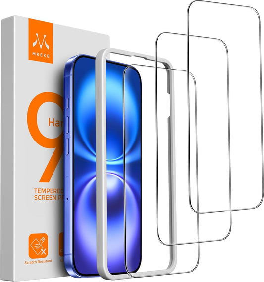 3 Pack 16/ 15 6.1", [9H+ Mkeke Screen Protector for iPhone iPhone Tempered Glass] [Easy Installation