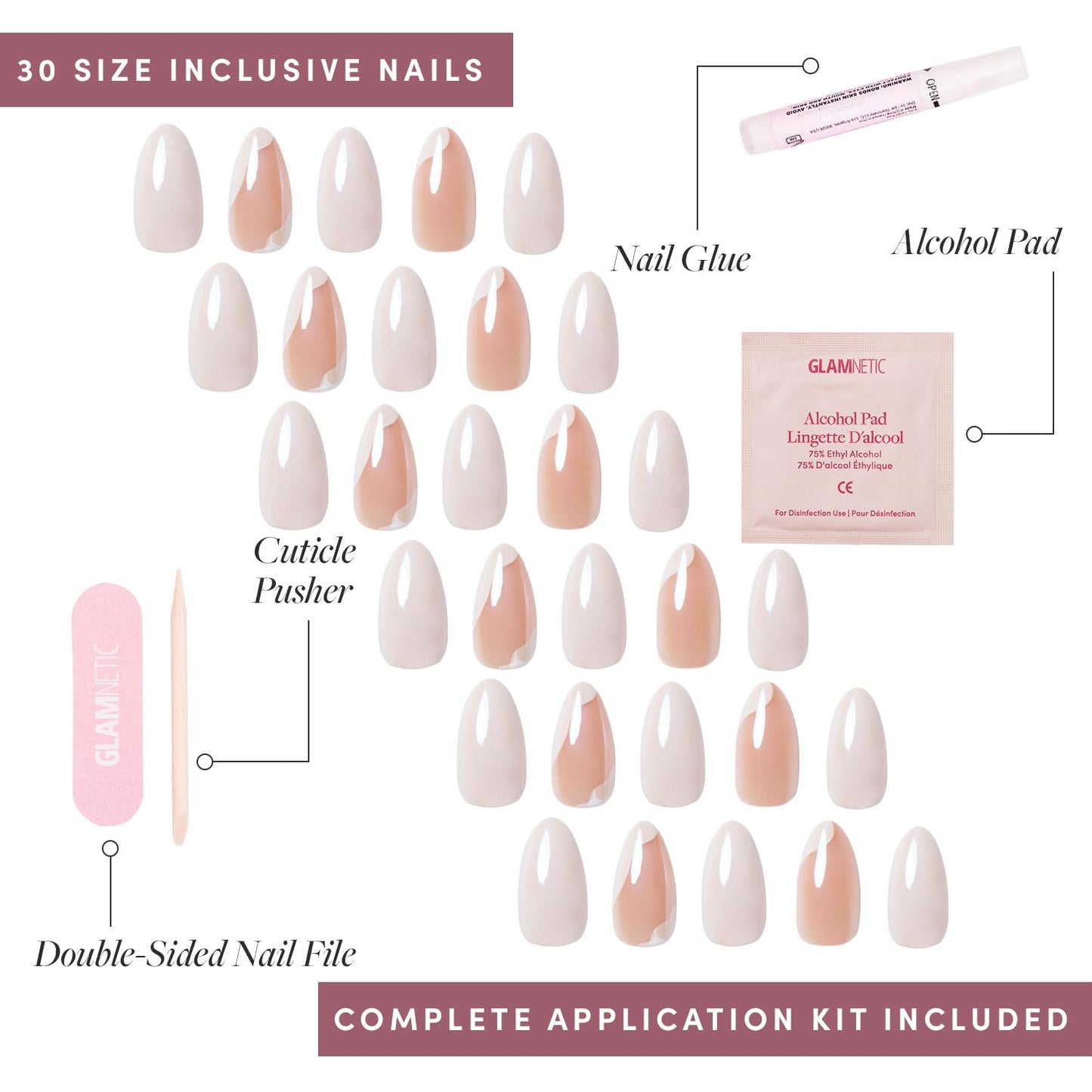 Glamnetic Press On Nails - Lovey Dovey Spring Nails | Glossy, Semi-Transparent Short Almond Fake Nails with Abstract Accents, Salon Quality | 15 Sizes - 30 Nail Kit with Glue