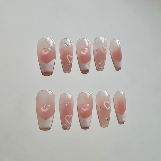 100% Hand-painted Cute Blush Nail Heart Square Medium Length Y2K Korean Japanese Douyin Inspired 3D Gemstones Durable Reusable Gel Acrylic Press-on Nails 10 pc set (S)