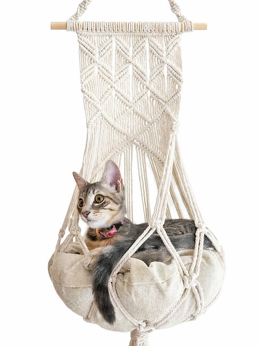 KARCEEY Macrame Cat Hammock Hanging Bed - Boho Wall Swing with Catnip Cushion for Wall Climber & Window Perch - Hardware Kit Included