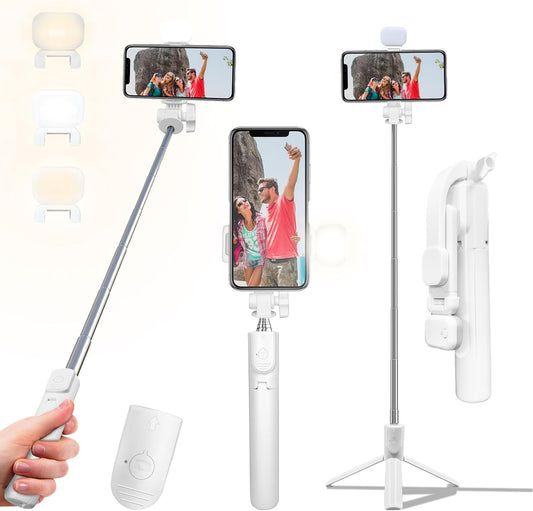 Bollove 40 Selfie Stick Tripod, in Retractable Tripod for iPhone with Wireless Remote Control & Light, Portable Phone