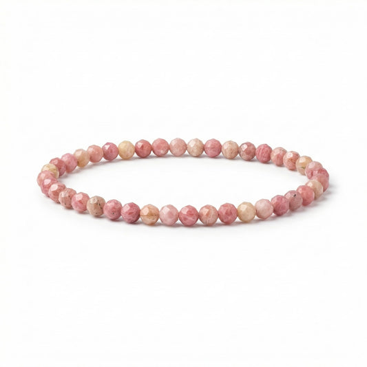 Angelstones Natural Pink Rhodonite Gemstone Small Beaded Stretch Bracelet, 4mm Faceted Round Beads, Crystal Healing Bracelet for Women