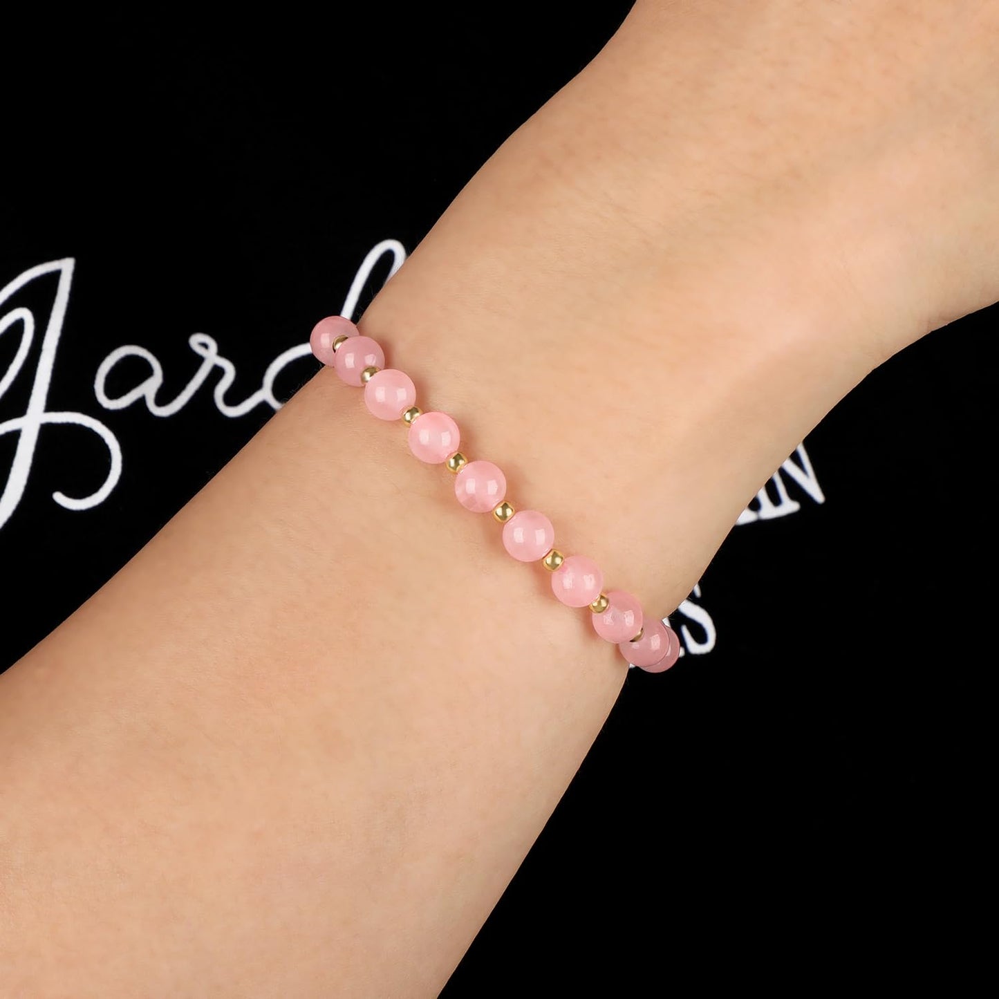 QOGIR Rose Quartz - Love Connection - 14K Gold Plated Beads Natural Gemstone Stretch Elastic Dainty Healing Beaded Bracelets Gifts 6mm