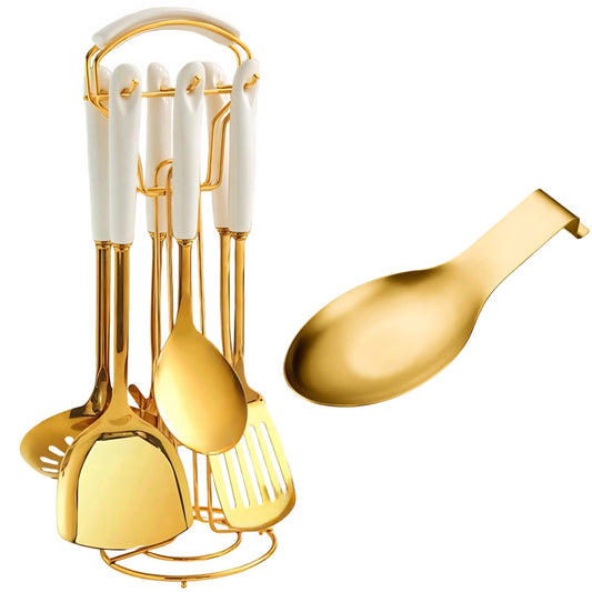 Stainless Steel Gold Kitchen Utensils Set with Holder & Spoon Rest, Durable Kitchen Accessories Includes 6 Cooking Utensils, 1 Hanging Rack,1 Ladle Holder, Easy to Clean, Modern Countertop Décor