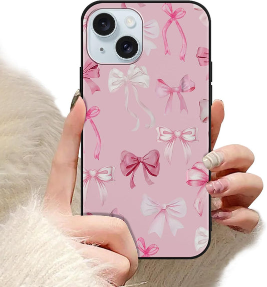 Aoldimu 15 6.1",Pink 15 Bow Phone Case for iPhone Aesthetic Cute Ribbon Bowknot Pattern Print Design Girly Cover