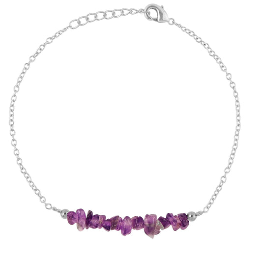 Gemimpression Handmade Amethyst Chips Bar Bracelet – Natural Energy Healing Crystals – Silver Plated Adjustable 8 Inch Chain – Christmas Gift