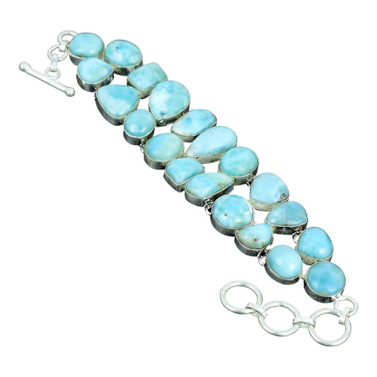 Solid 925 Sterling Silver Larimar Gemstone Bracelet – Natural Blue Larimar Stone, Women’s Stretch Silver Bracelet