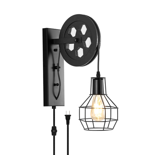 BAODEN Plug in Wall Sconce Rustic Wall Light Lift Pulley Matte Iron Cage Shade Metal Black Industrial Mid Century Wall Lamp Indoor Lighting Barn Restaurant