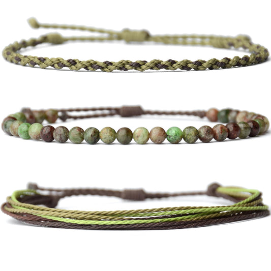 Handmade Natural Stone Beaded Healing Bracelet Gift for Men Adjustable Rope String Bracelet (Green/Coffee Jasper, Adjustable)
