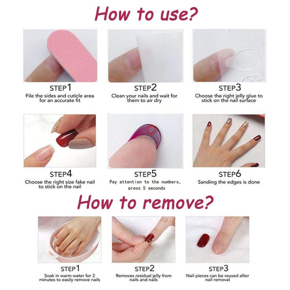 Red Press on Nails Short Almond Fake Nails with 5D Flower Design French Tips Glue on Nail Glossy Ombre Dark Red Nails Press ons Reusable Full Cover Gold Lines Acrylic Nail for Women Manicure 24Pcs