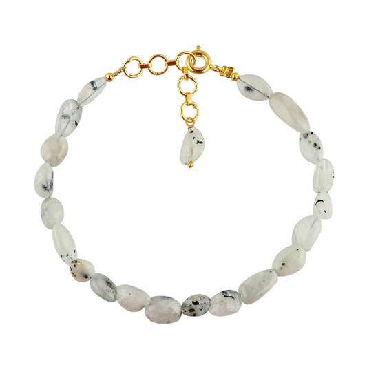Gemimpression Handmade Bracelet – Natural Rainbow Moonstone With Black Tumble Beads – Emotional Healing & Protection – 14K Gold Plated Adjustable Chain – Dainty 8 Inch – Perfect Gift for Her