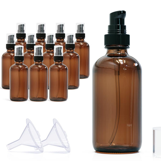 12Pack 120ml Amber Glass Pump Bottle with Pump Dispenser,4oz Small Dispenser, Travel Size Refillable Botttles for Lotions,Sercums,Essential Oils