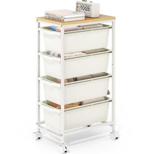 Rolling Storage Cart with 4 Drawers, Craft Organizer, Wooden Tabletop Utility Cart for Bedroom, Children's Room and Office Organization, Table Side Trolley with Lockable Wheels, White