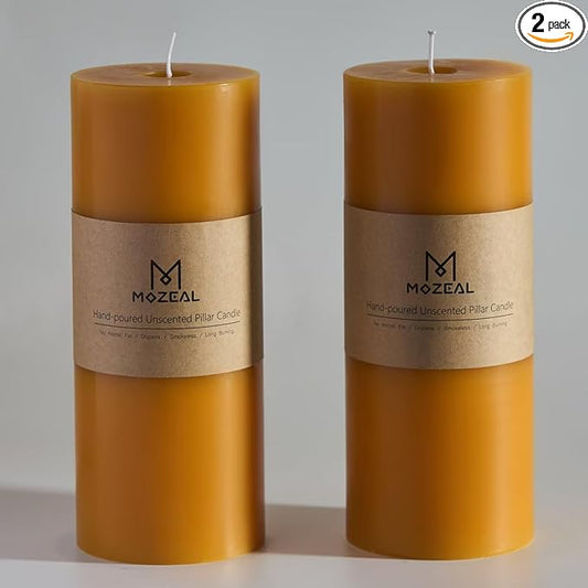 MOZEAL 4" x 10" Extra-Large Spicy Mustard Pillar Candles (Set of 2), Unscented, Dripless, Smokeless, Long Clean-Burning,Tall 10 inch Large Spicy Mustard Pillar Candles Perfect for Autumn Events Decor