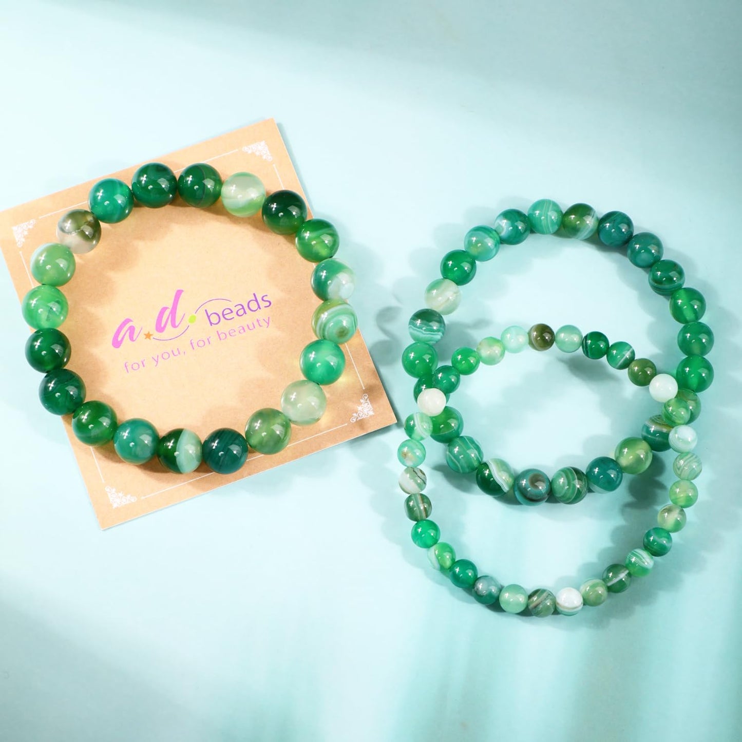 AD Beads 10mm Handmade Green Stripe Agate Elastic Bracelet – Natural Gemstone for Calm energy – Meditation, Yoga, Healing and Energy Gift for Men Women