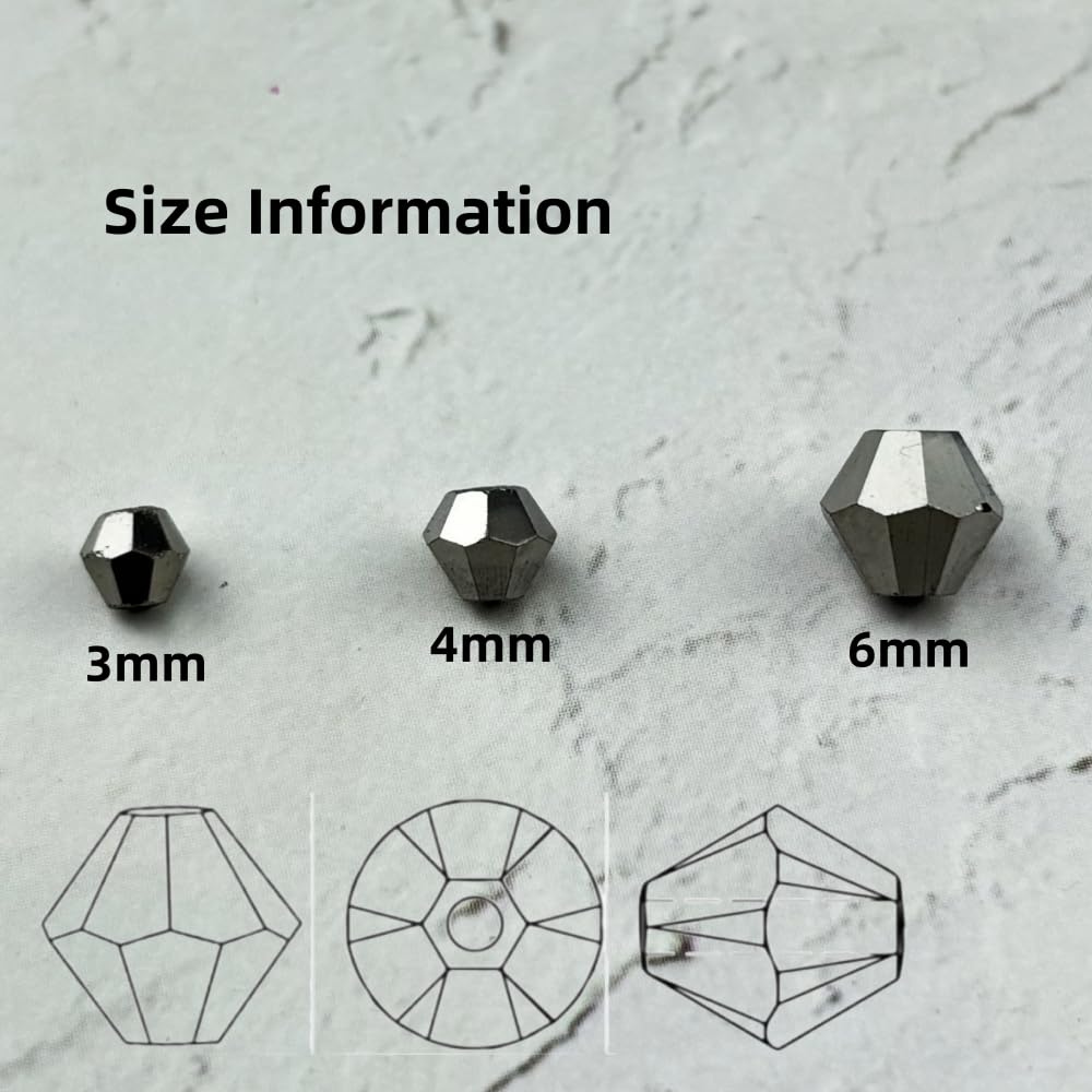 YUEXIGO 200pcs 6mm Bicone Glass Crystal Beads for Jewelry Making, Faceted Bicone Glass Spacer Beads for Bracelet Earring Necklace DIY Craft(Silver)