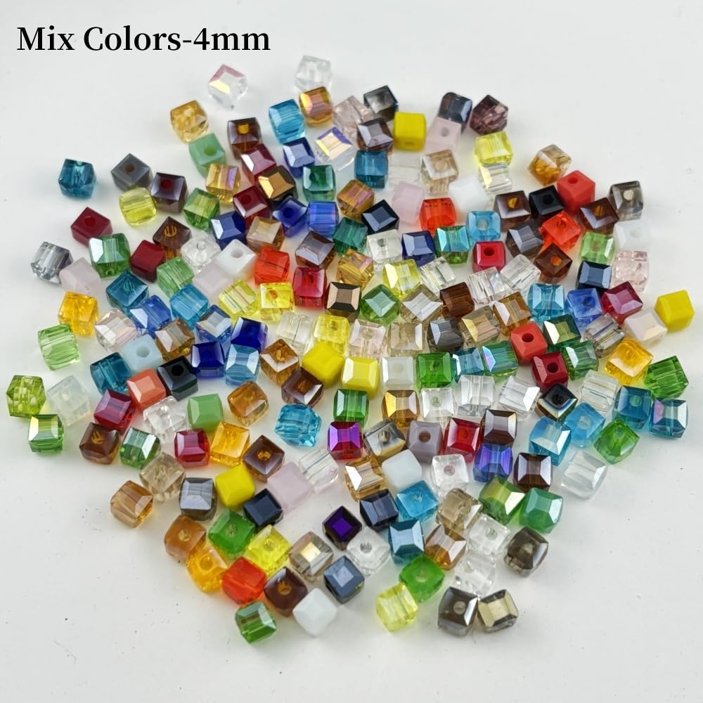 YUEXIGO 200pcs 4mm Cube Crystal Glass Beads for Jewelry Making Faceted Square Crystal Glass Bead Spacer Beads Loose Beads for Bracelet Earring Necklace DIY Craft(Mix Colors)
