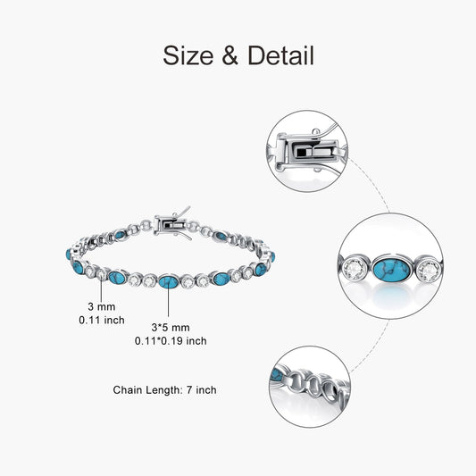 PEIMKO 925 Sterling Silver Oval Turquoise Exquisite Tennis Bracelet with CZ Boho Style Bracelet Jewelry Gifts for Women Mother