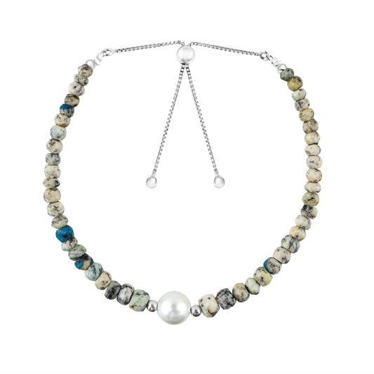 CRYSTALINES Natural K2 Jasper Gemstone Bolo Bracelet & Pearl, Faceted Beads Stones, Handmade Bohemian Jewelry for Women, Healing Crystals Gift, Hypoallergenic Silver Adjustable Chain 6+4inch