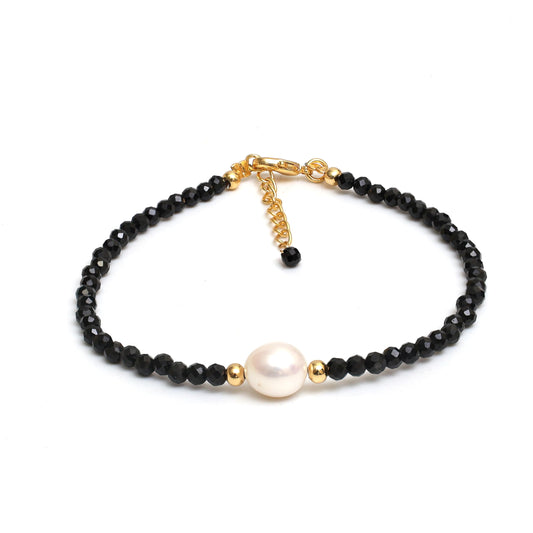 Gempires Black Spinel Beaded Bracelet with Pearl, Handcrafted Fresh Pearl and Gemstone Beads Adjustable Bracelet in 14k Hypoallergenic Gold Plated, Gift for Her (7.5 + 1 Inch Extender)