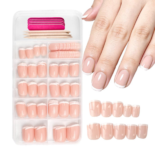 120 Pcs French Tip Press on Nails Short Square Fake Nails White Tip False Nails Full Cover Glossy Acrylic Glue on Nail Reusable Nude Artificial Stick on Nail for Women Manicure 12 Size
