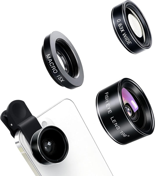 Brvlsoc 3-in-1 198 0.63 15 Set Smartphone Camera Lens Kit Fisheye, Wide-Angle & Macro Clip-On Lens for iPhone, Samsung