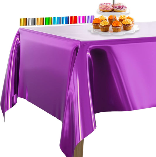 PartyWoo Purple Foil Tablecloth - 3 Pack 54 x 108 Inch Waterproof Metallic Cover for Events