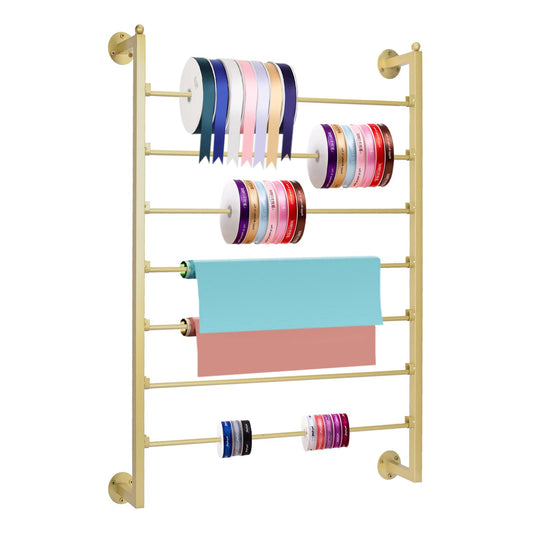 Yonynise Ribbon Storage Organizer,Wall Mounted Ribbon Holder Rack,7 Tier Large Capacity Metal Ribbon Storage for Craft Room,Flower Shop,Cake Shop,Gift Wrapping Paper,Golden
