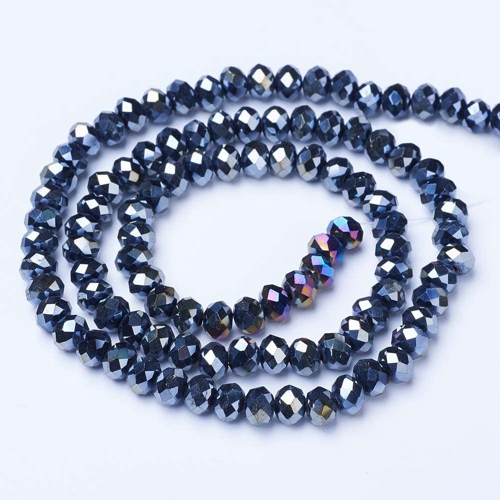 10 Strands Briolette Faceted Rondelle Glass Beads 4x3mm Black AB Color Opaque Glass Tiny Spacer Beads 1300pcs for Bracelets Jewelry Making