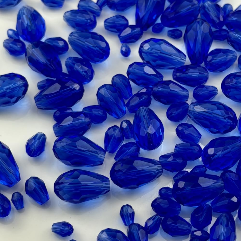 Xinhongo 340pcs Teardrop Crystal Glass Beads 3x5mm 4x6mm 6x8mm 8x12mm 10x15mm Vertical Hole Faceted Glass Spacer Beads for Necklace Bracelet Earrings DIY Jewelry Crafts(Blue)
