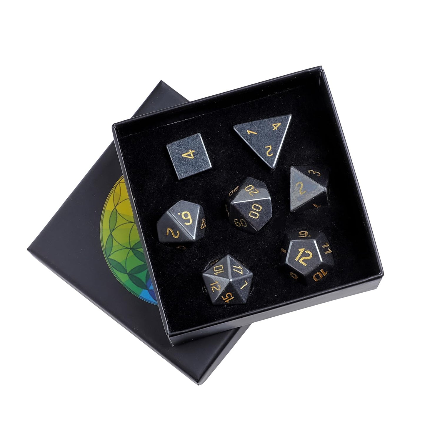 mookaitedecor 7 PCS Hematite Crystal Polyhedral DND Dice Set, Polished Tumbled Stones Dices for RPG MTG Table Games Home Decoration