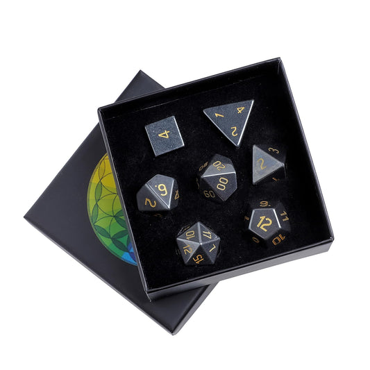 mookaitedecor 7 PCS Hematite Crystal Polyhedral DND Dice Set, Polished Tumbled Stones Dices for RPG MTG Table Games Home Decoration