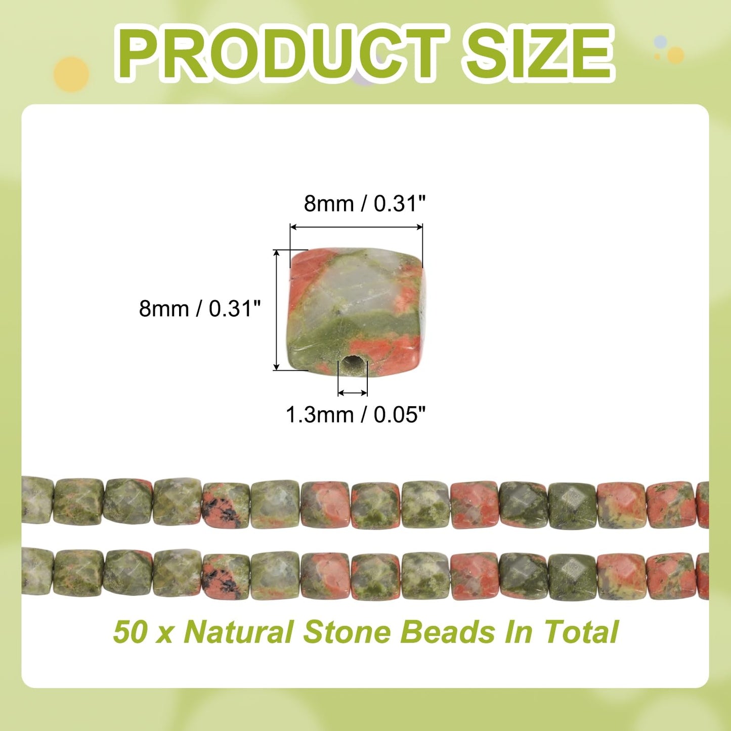 PATIKIL 50 Pack Natural Stone Beads, 8mm Faceted Square Agate Beads Bulk Natural Flower Green Stones, for DIY Jewelry Making Necklace Bracelet Accessories, 2 Strands 16 Inch, Flower Green