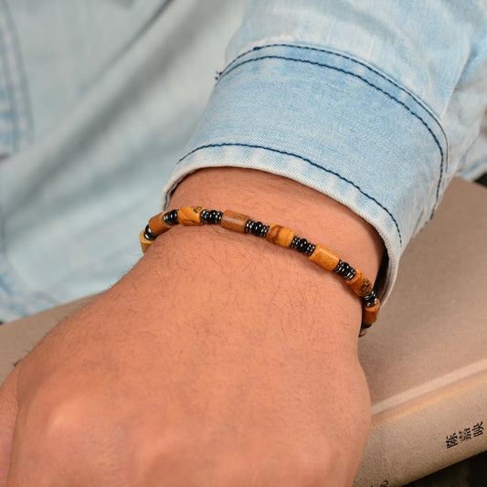 Casvia Mens Beaded Bracelet, Picture Stone, Hematite & Black Agate, Adjustable Stainless Steel Chain, Handmade Chakra Jewelry Gift for Dad Husband Boyfriend