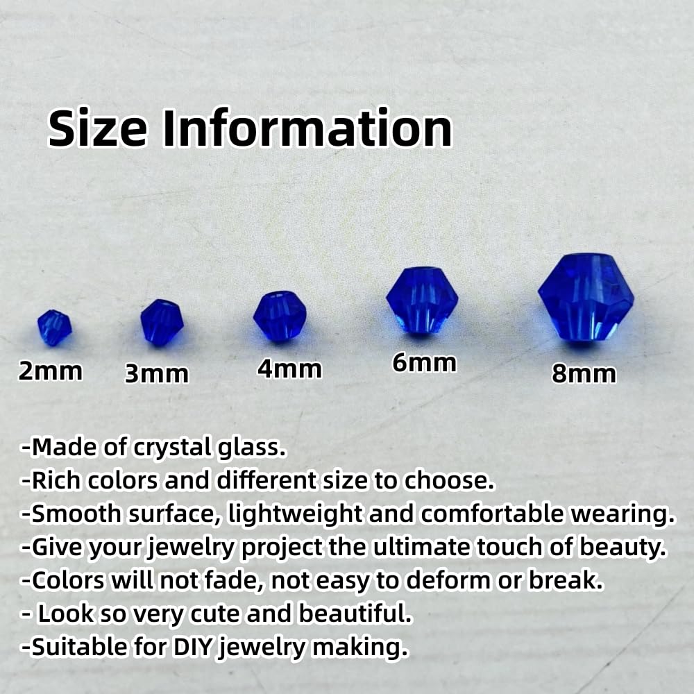 Pinhoollgo 1310pcs Bicone Crystal Glass Beads 2mm 3mm 4mm 6mm 8mm Faceted Crystal Spacer Beads for Bracelets Necklace Pendants Earrings DIY Jewelry Craft Making(Blue)