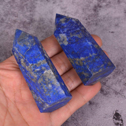 Angelstones Natural Lapis Gemstone Healing Crystal Hexagonal Pointed Reiki Chakra Faceted Prism Wand Carved Stone Figurine Home Decor