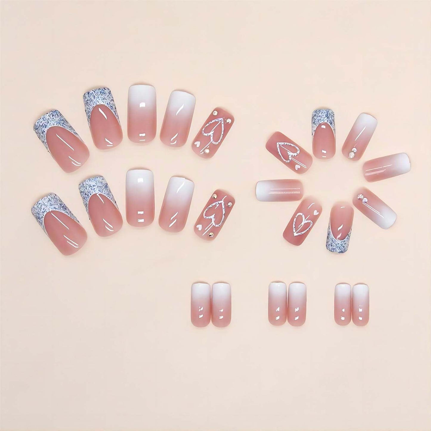 RUOKEXIN Heart Press On Nails Medium Square Fake Nails Glitter Glossy Acrylic False Nails with Rhinestones Designs Ombre Pink Full Cover Press Ons Fall Winter Holiday Stick on Nails for Women 24Pcs