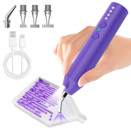 Jzzuau Electric Diamond Painting Pen with LED Light, Cordless Diamond Art Pens Accessories 4-Heads No Wax Rechargeable Automatic E-Painter Tools for Adults DIY Kit Beginners (Purple)