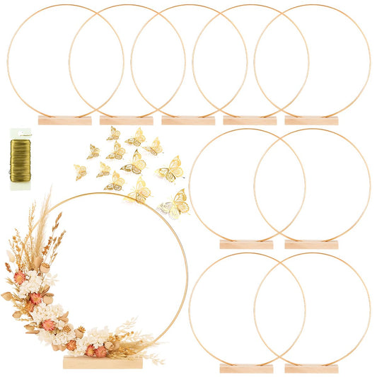 10 Pack Floral Hoop with Stand and 38-Yard Paddle Wire 12 Inch Metal Rings for DIY Centerpiece Table Decorations Crafts Macrame Rings Hoop Wreath Dream Catcher Rings Wedding Christmas Wreaths, Gold