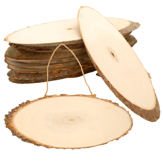 MUKCHAP 10 PCS Oval Wood Slices, 5.5 x 15 x 0.4 inch Unfinished Craft Wooden Slices Hanging Signs with Jute for DIY, Painting, Ornament