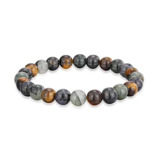 Crystal Vibe Triple Protection Bracelet - Tiger's Eye - Bloodstone - Iolite - Natural Gemstone Healing Bracelet - 8mm Beaded Bracelet for Protection Balance - Elastic Adjustable Size