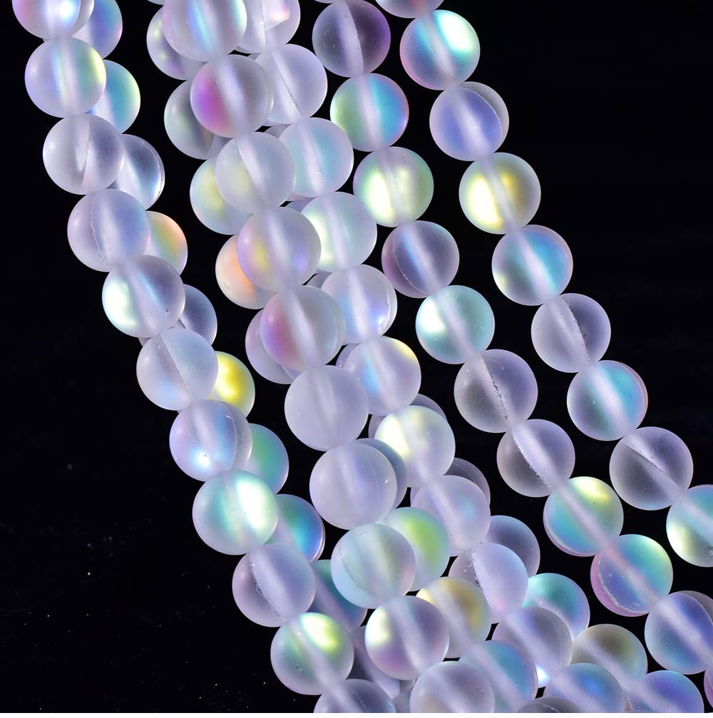 Asingeloo 48PCS 8mm Natural Mystic Aura Quartz Gemstone Frosted Matte Titanium Opalite White Rainbow Round Loose Beads 15 inch Full Strand