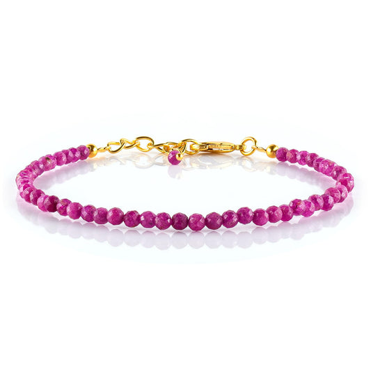 Natural Pink Ruby Gemstone Micro Beads Dainty Bracelet Jewelry for Women, July Birthstone, Chakra Energy Crystals, 14k Gold Plated Chain 8 inch Adjustable