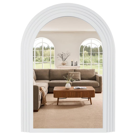 Arched Wall Mirror White Decorative Mirror Farmhouse Wall Mirror with Multilayers Wood Frame,Vintage Bathroom Mirrors for Bathroom, Living Room,Bedroom, Entryway, Hallway,Foyer